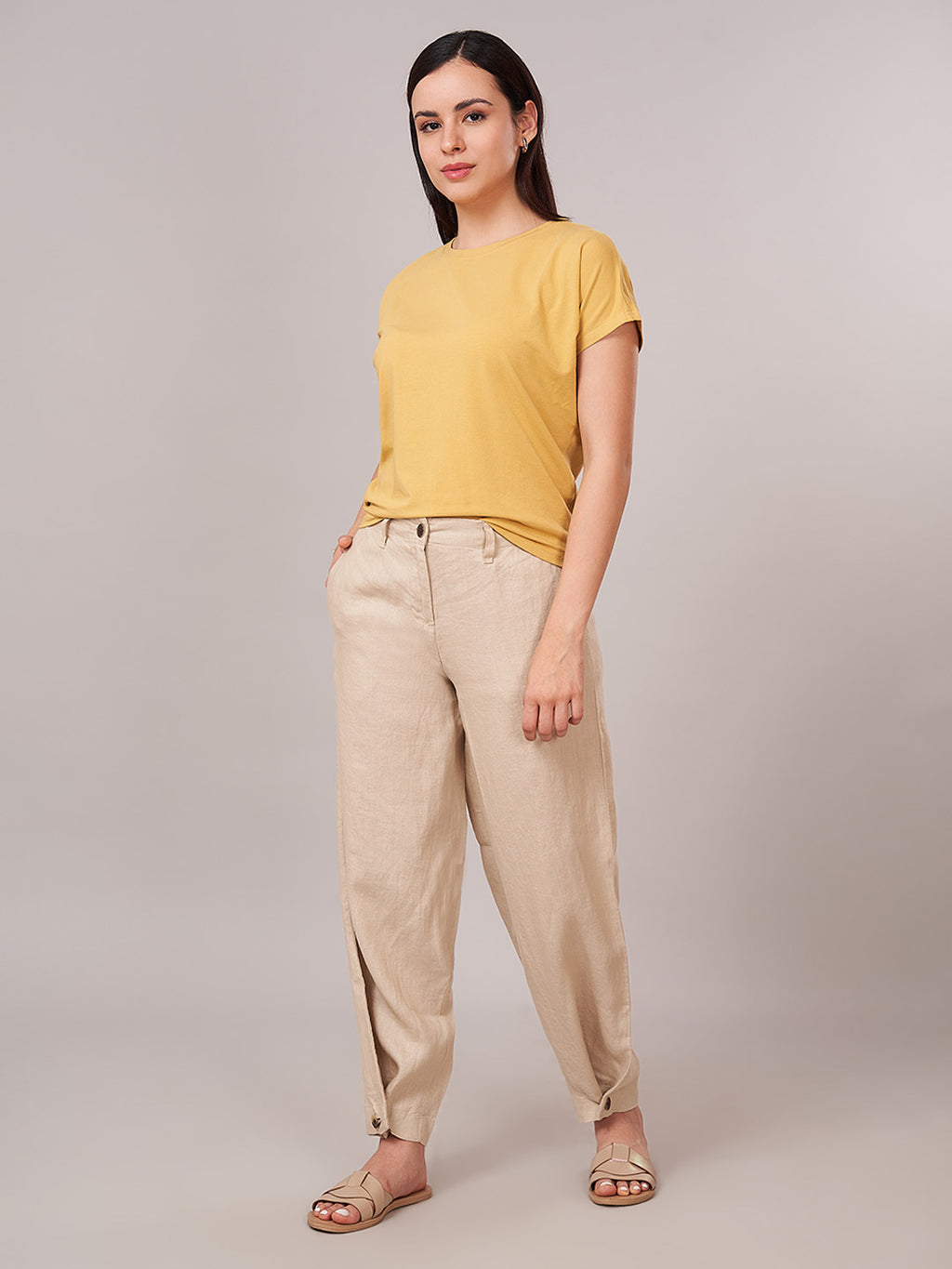 Women's 100% Linen Regular Fit Pant Beige