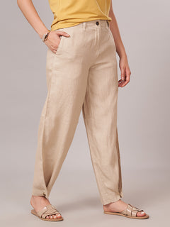 Women's 100% Linen Regular Fit Pant Beige