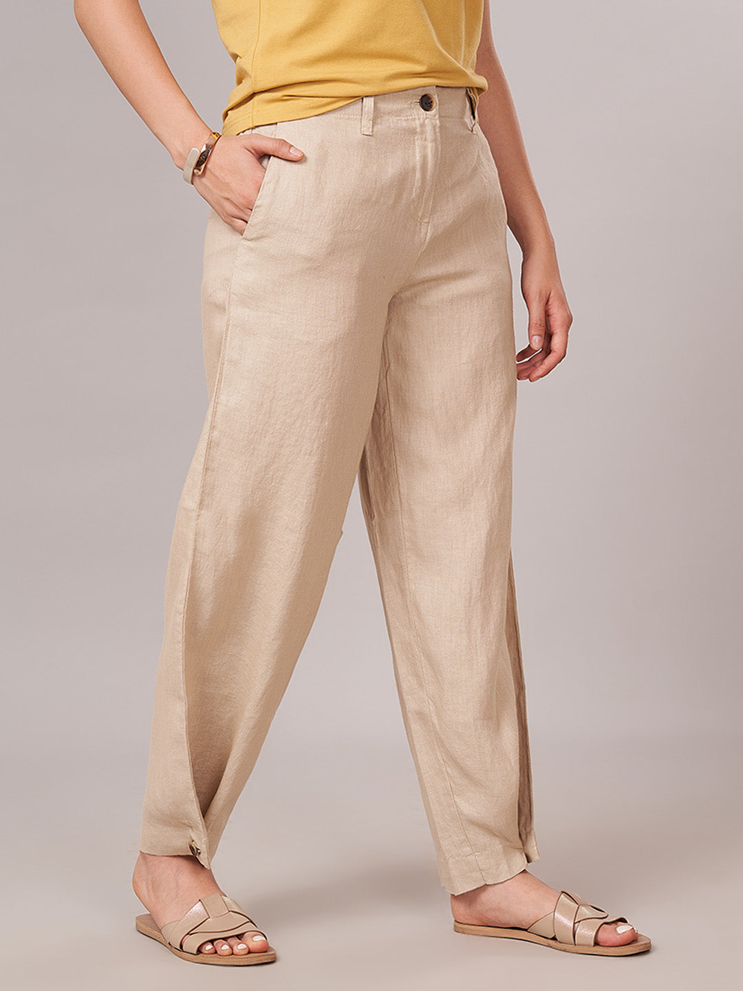 Women's 100% Linen Regular Fit Pant Beige
