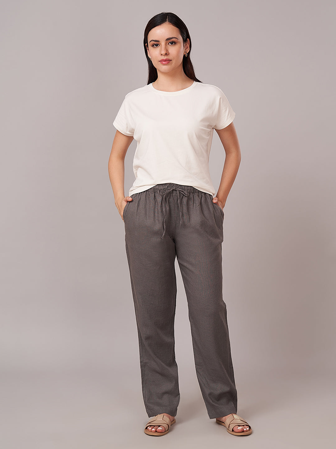 Women's Linen Viscose Regular Fit Pant Grey