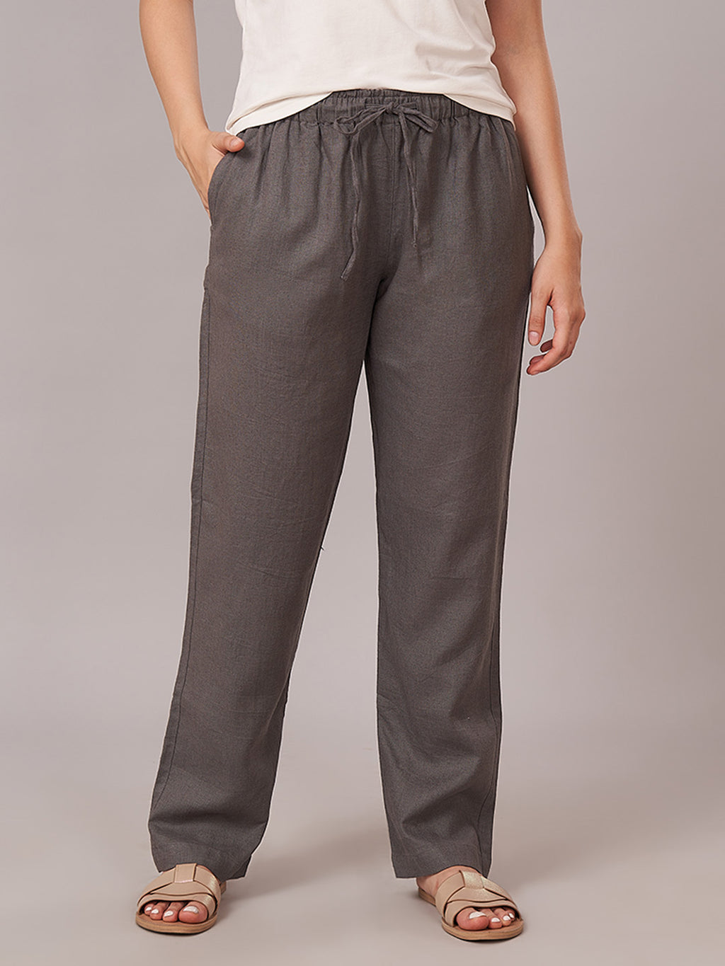 Women's Linen Viscose Regular Fit Pant Grey