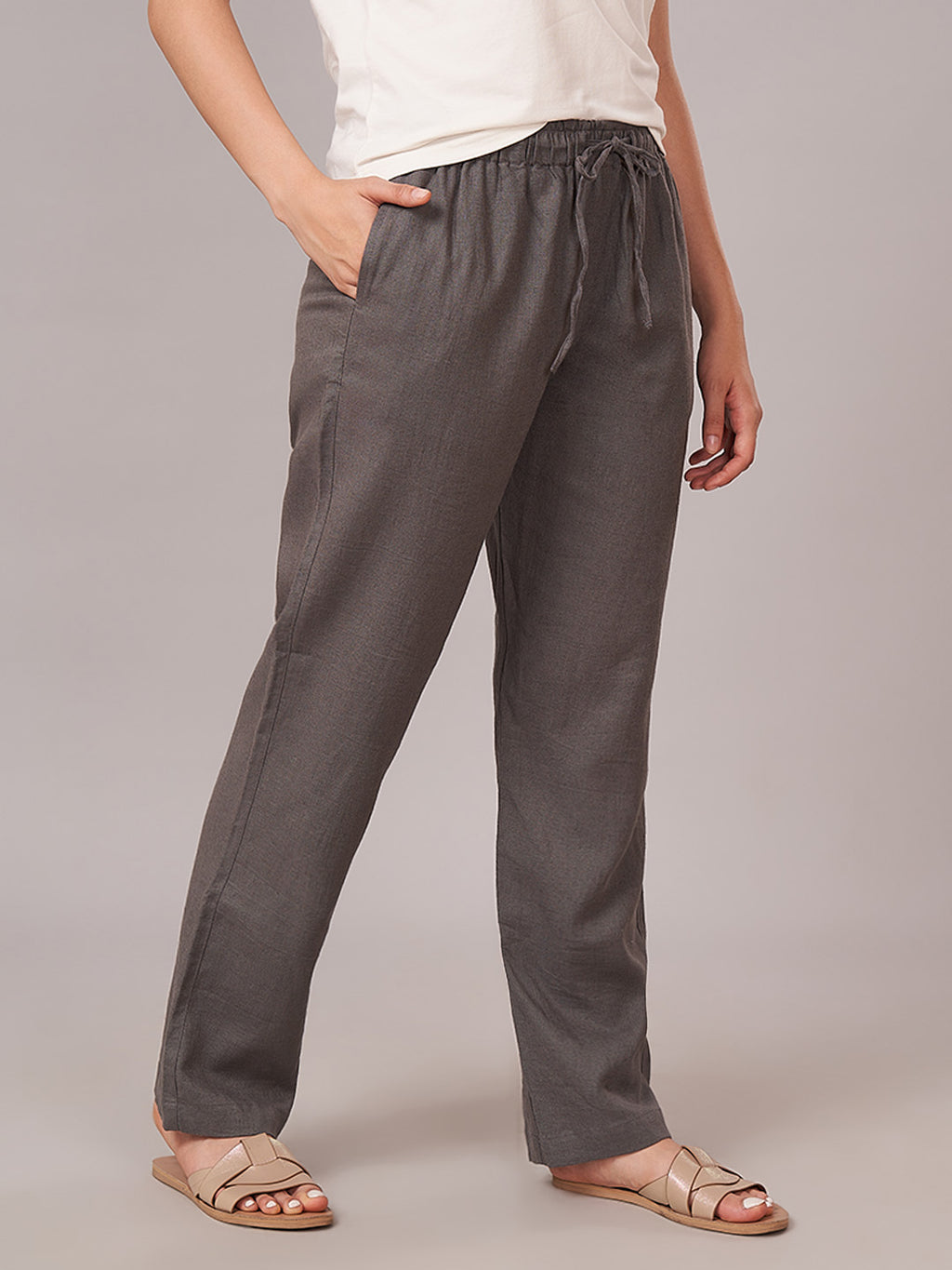 Women's Linen Viscose Regular Fit Pant Grey