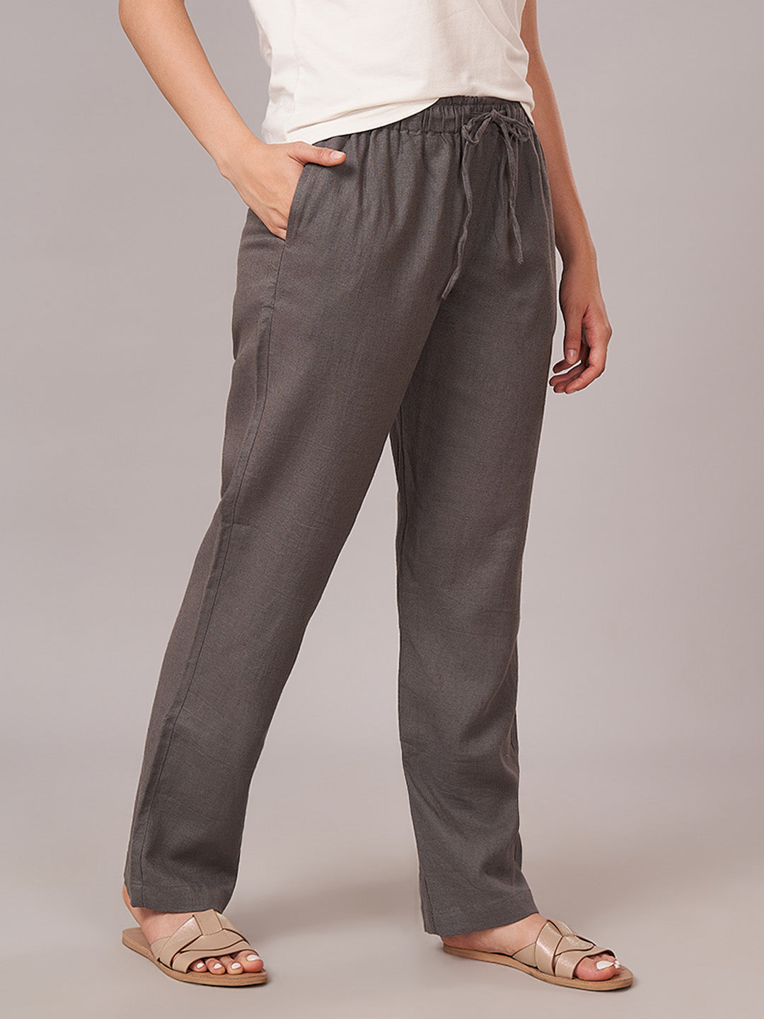 Women's Linen Viscose Regular Fit Pant Grey