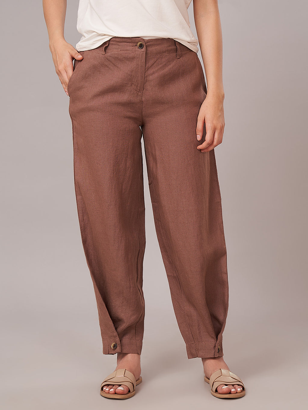 Women's 100% Linen Regular Fit Pant Brown