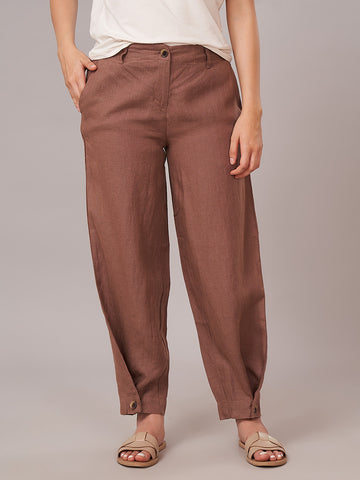 Women's 100% Linen Regular Fit Pant Brown