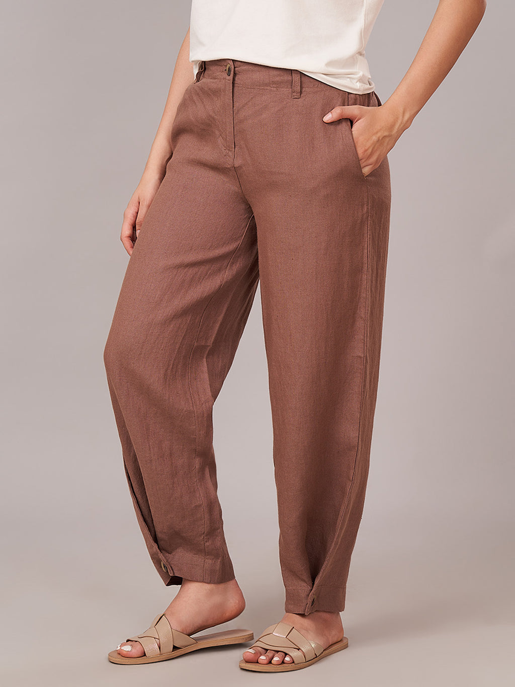 Women's 100% Linen Regular Fit Pant Brown