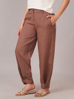 Women's 100% Linen Regular Fit Pant Brown