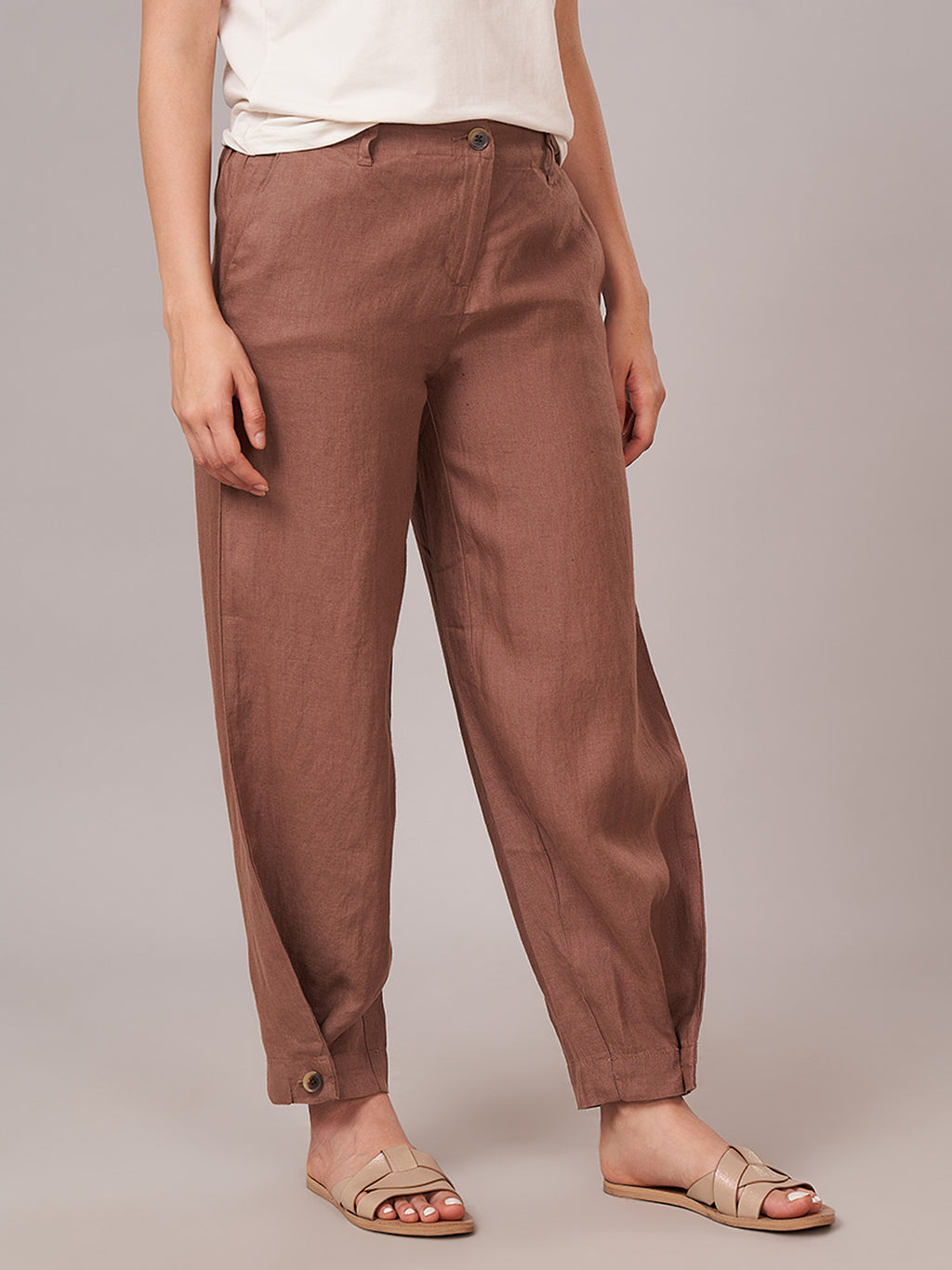 Women's 100% Linen Regular Fit Pant Brown