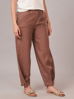 Women's 100% Linen Regular Fit Pant Brown