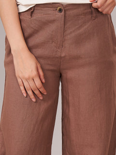 Women's 100% Linen Regular Fit Pant Brown
