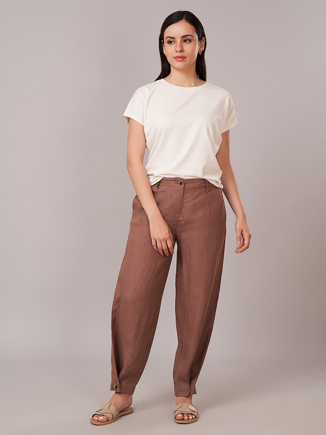 Women's 100% Linen Regular Fit Pant Brown