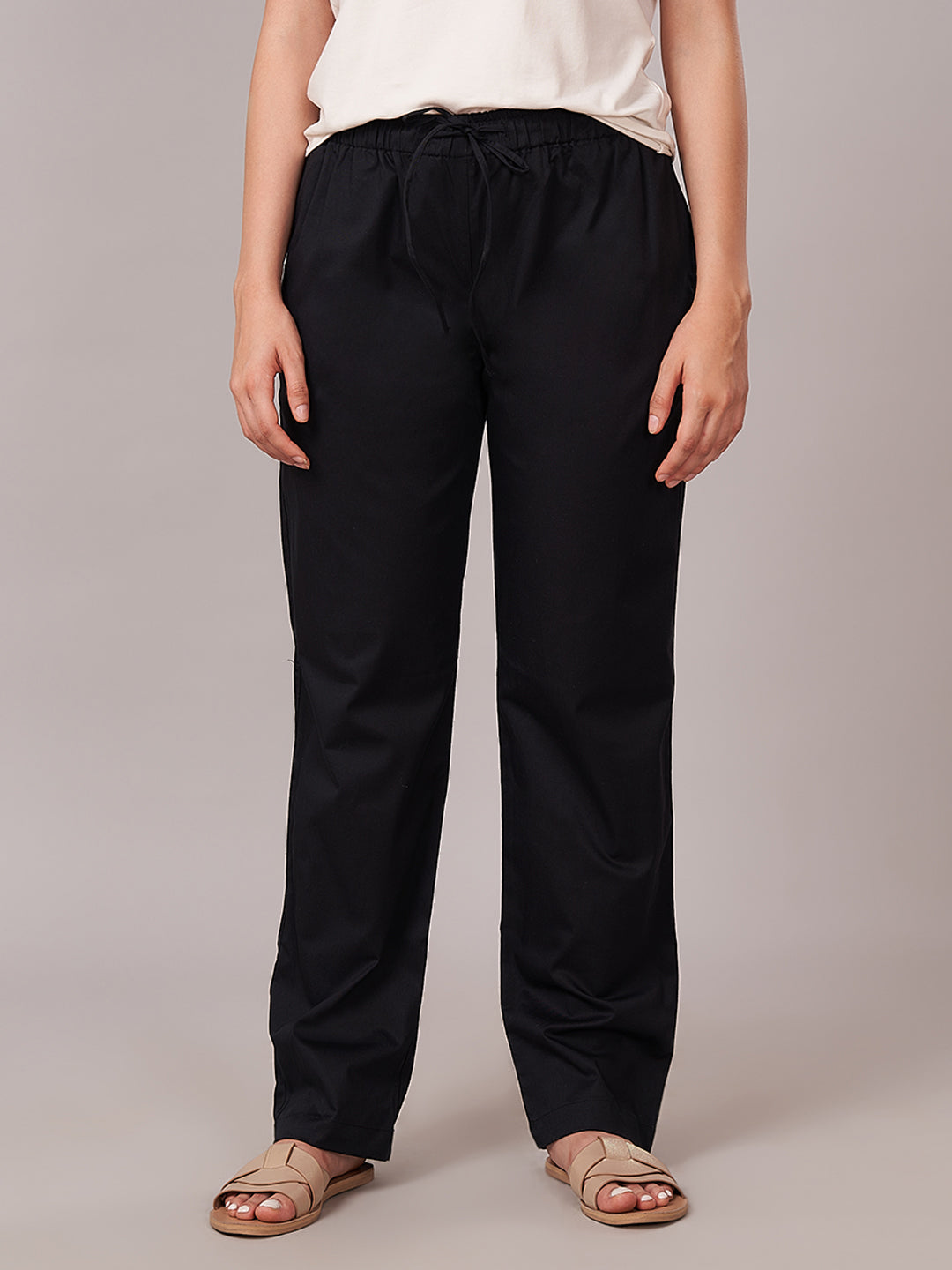 Women's Cotton Lycra Regular Fit Pants Black