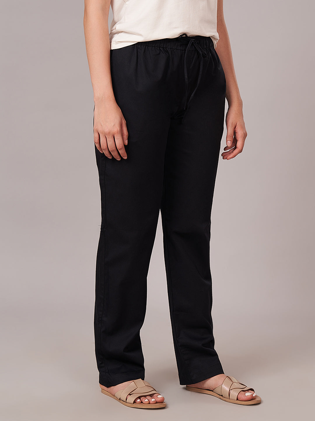 Women's Cotton Lycra Regular Fit Pants Black