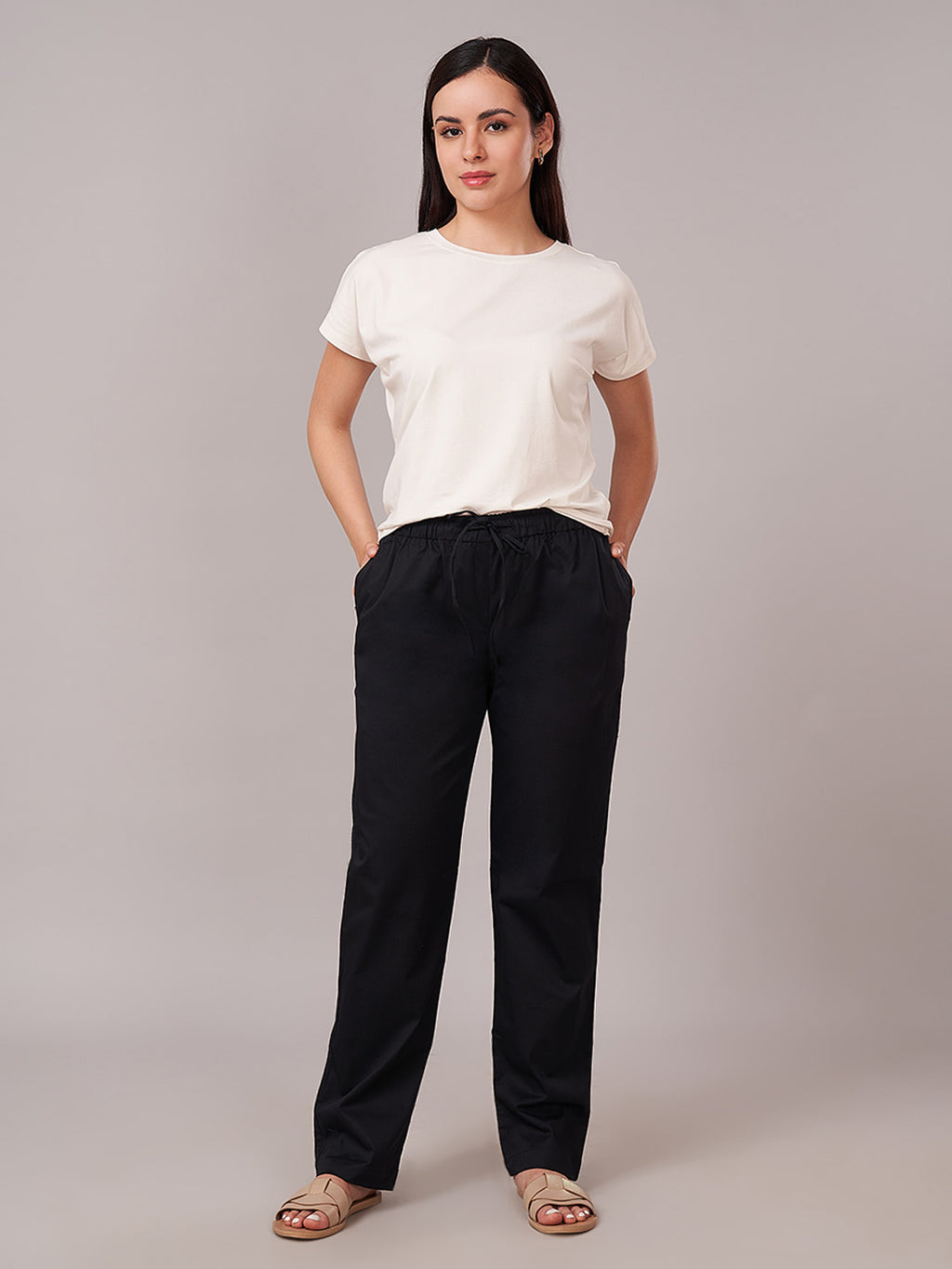 Women's Cotton Lycra Regular Fit Pants Black