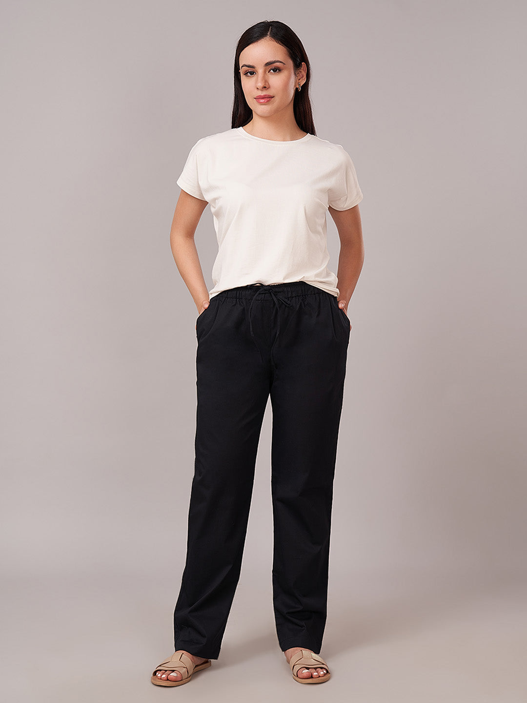 Women's Cotton Lycra Regular Fit Pants Black