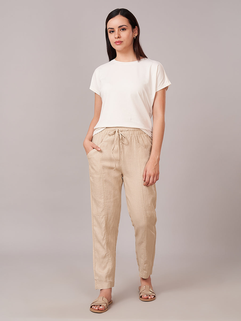 Women's 100% Linen Regular Fit Pant Beige