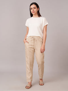 Women's 100% Linen Regular Fit Pant Beige
