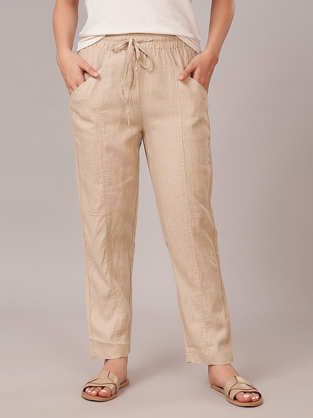 Women's 100% Linen Regular Fit Pant Beige