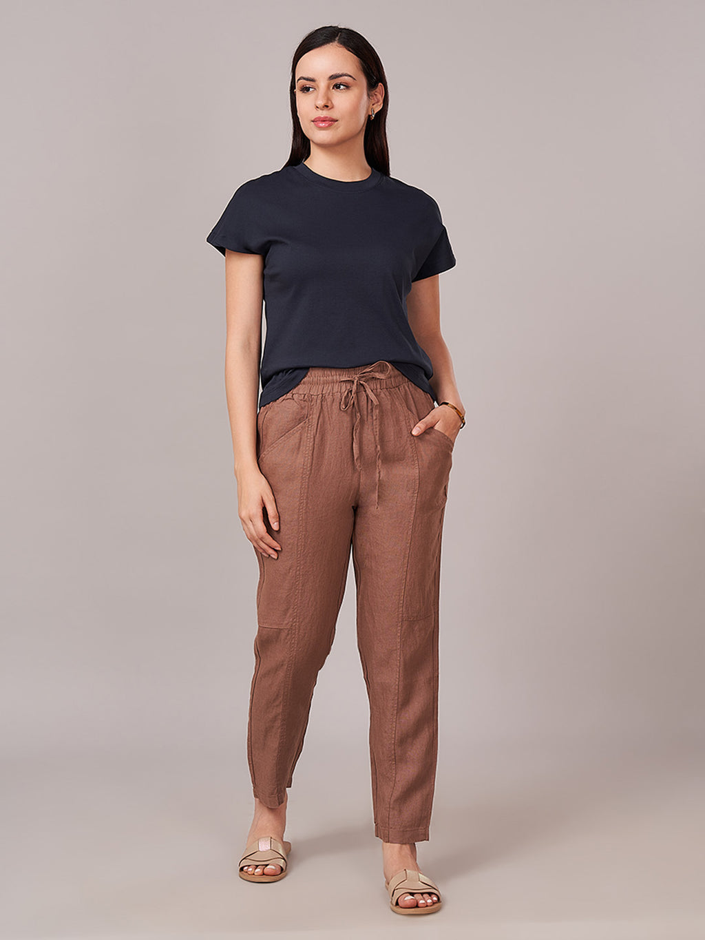 Women's 100% Linen Regular Fit Pant Brown