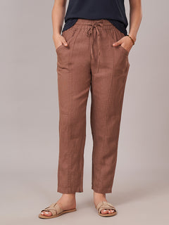 Women's 100% Linen Regular Fit Pant Brown