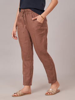 Women's 100% Linen Regular Fit Pant Brown