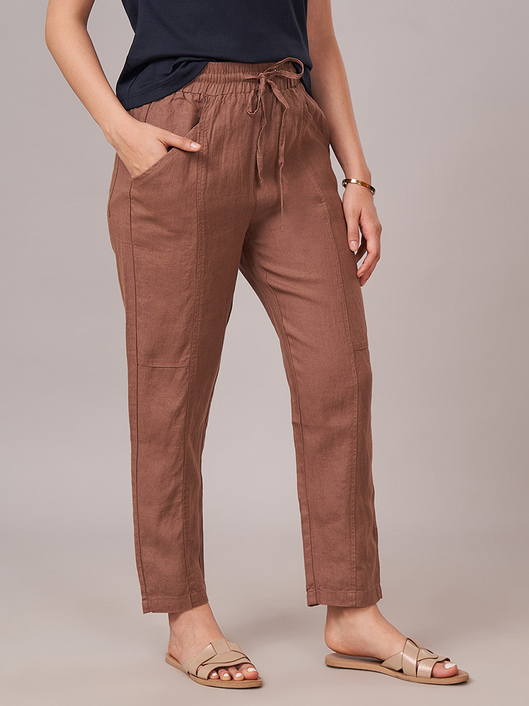 Women's 100% Linen Regular Fit Pant Brown