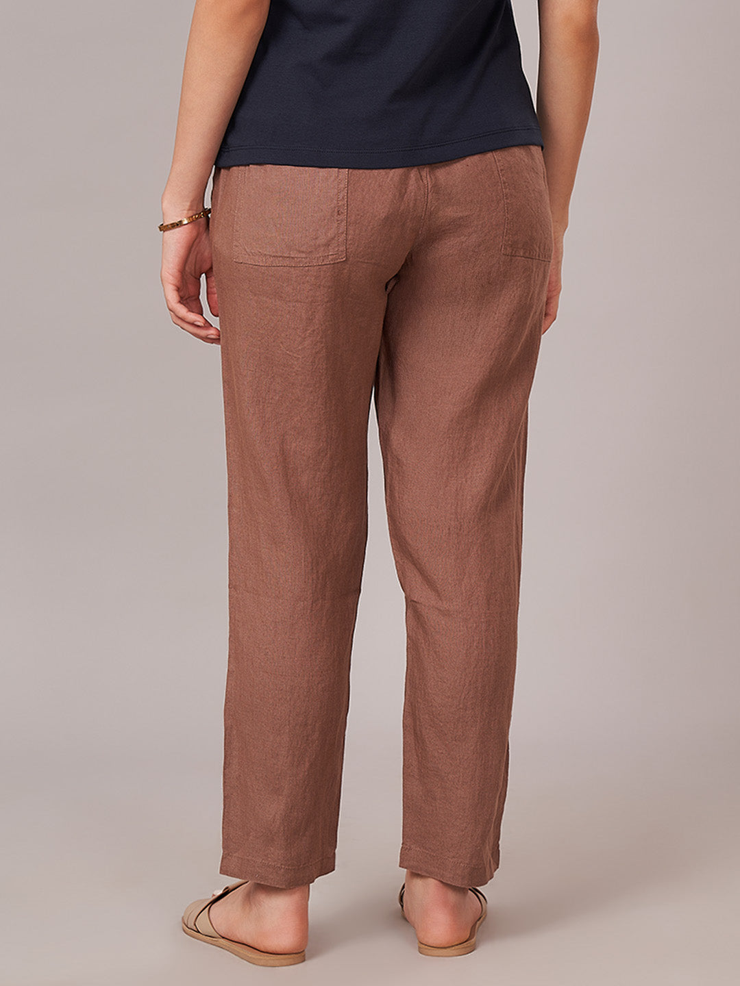 Women's 100% Linen Regular Fit Pant Brown