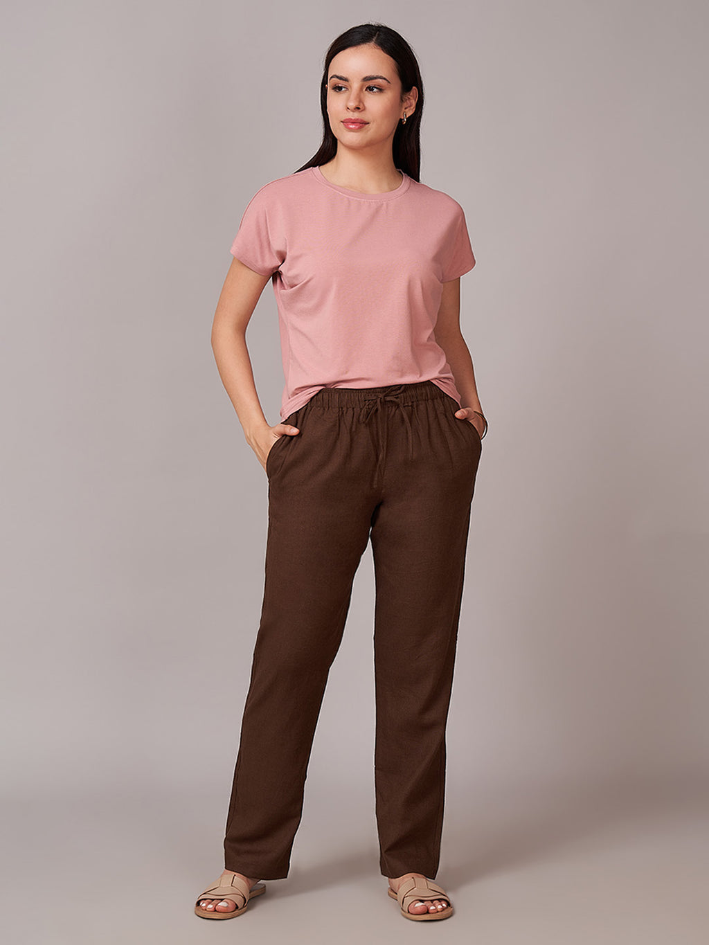 Women's Linen Viscose Regular Fit Pant Brown