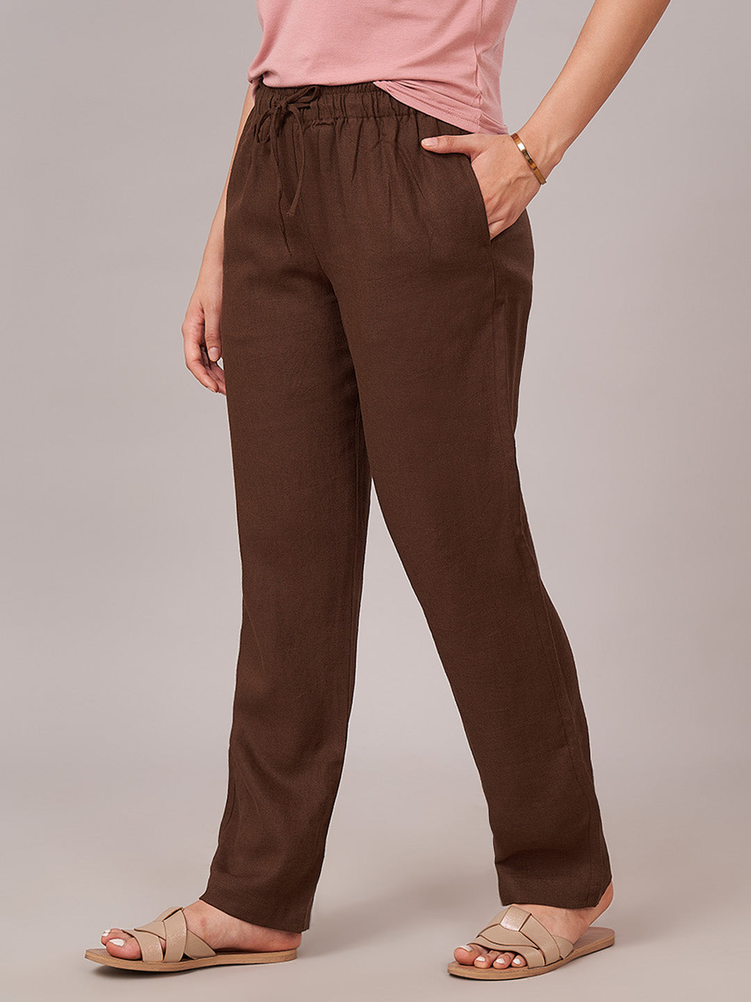 Women's Linen Viscose Regular Fit Pant Brown