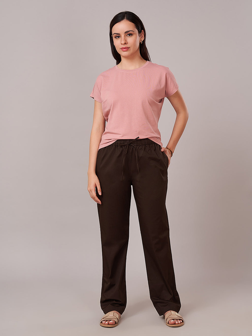 Women's Cotton Lycra Regular Fit Pants Brown