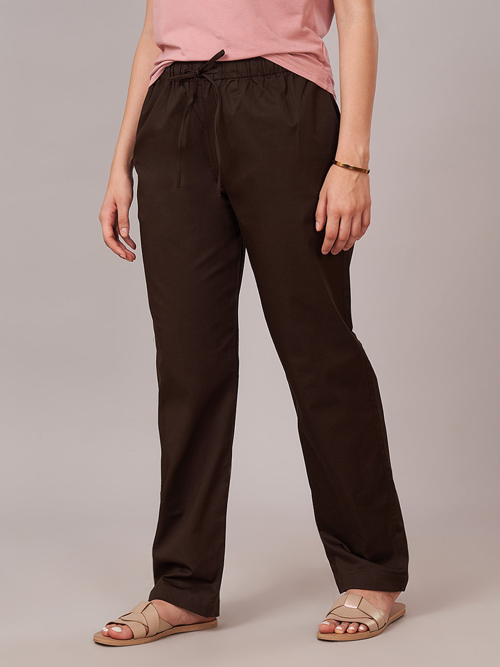 Women's Cotton Lycra Regular Fit Pants Brown