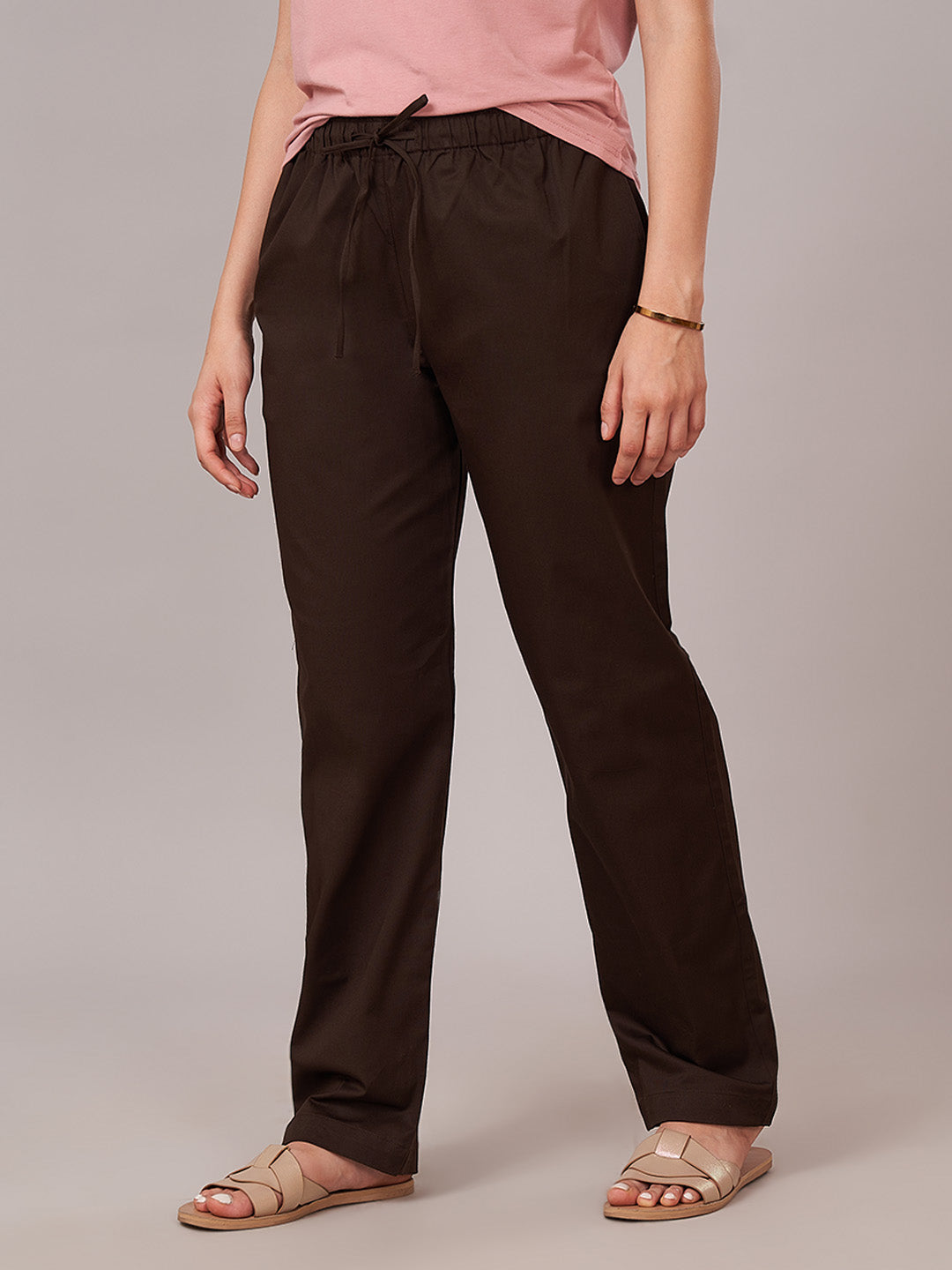 Women's Cotton Lycra Regular Fit Pants Brown