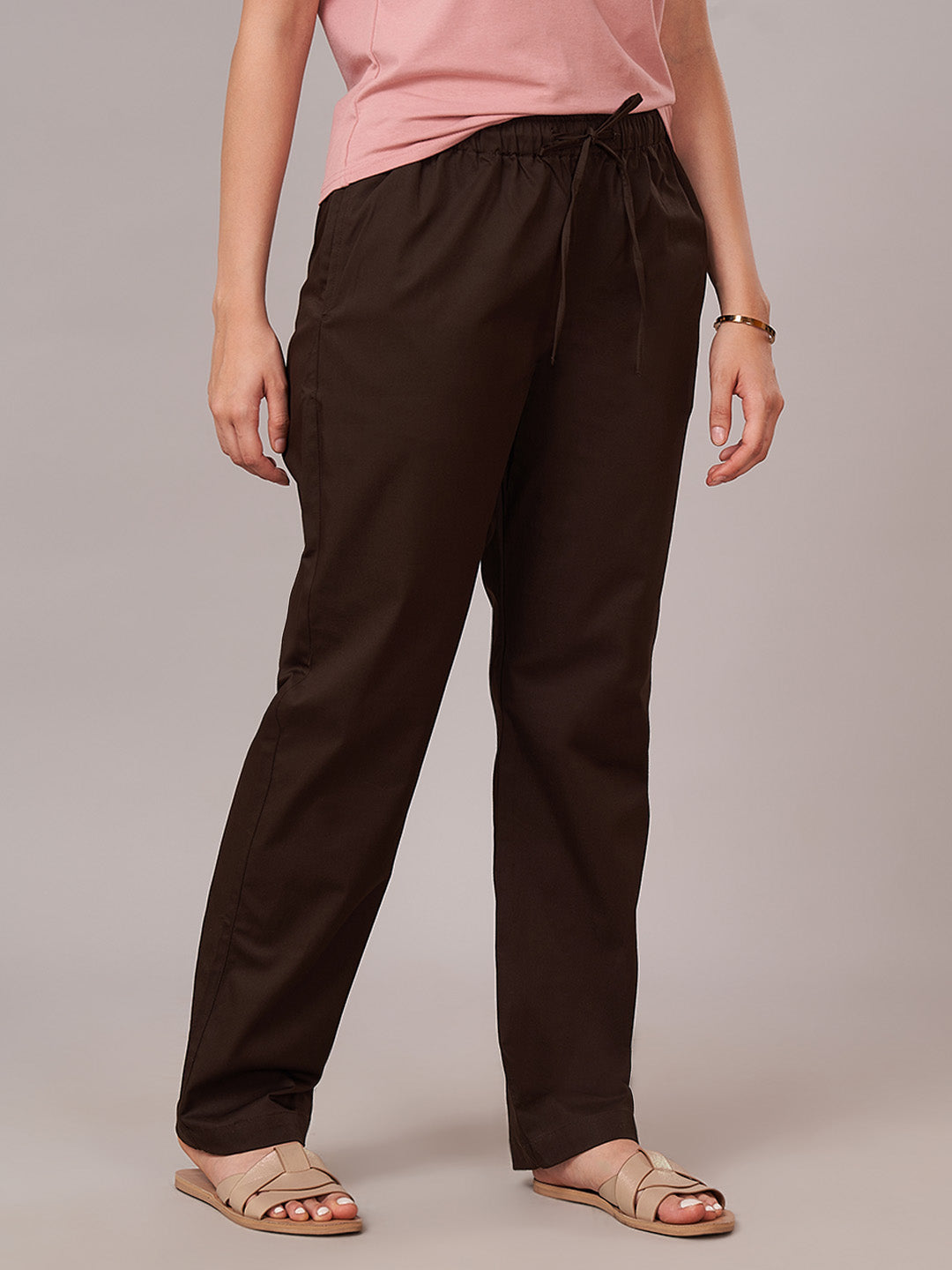 Women's Cotton Lycra Regular Fit Pants Brown