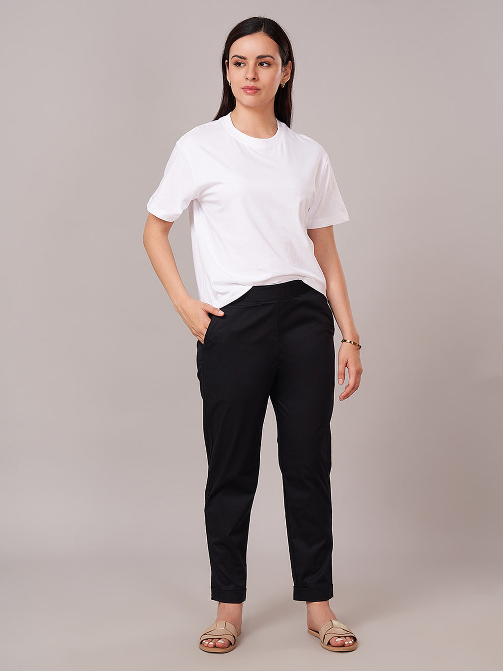 Women's Cotton Lycra Regular Fit Pants Black