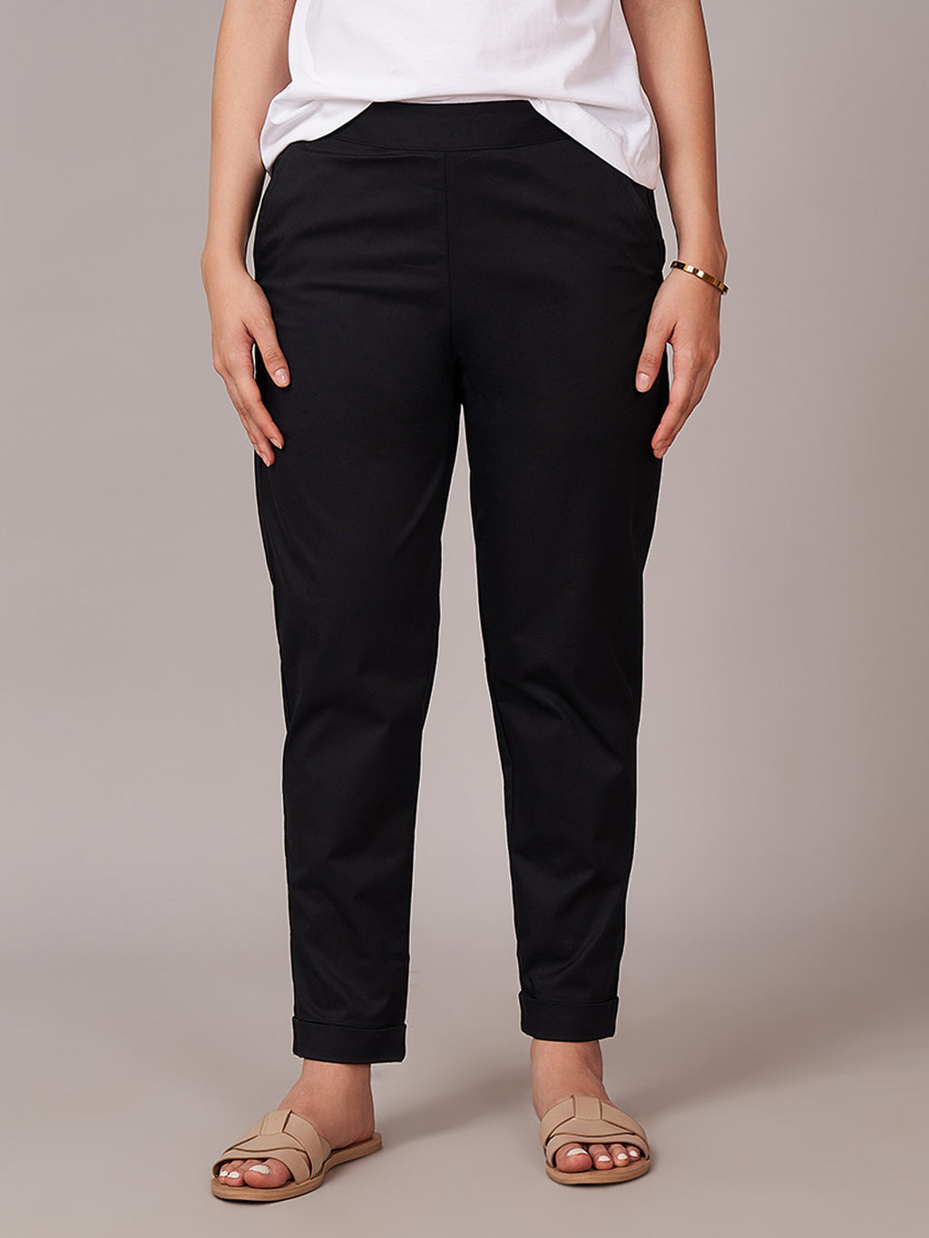 Women's Cotton Lycra Regular Fit Pants Black