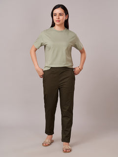 Women's Cotton Lycra Regular Fit Pants Olive