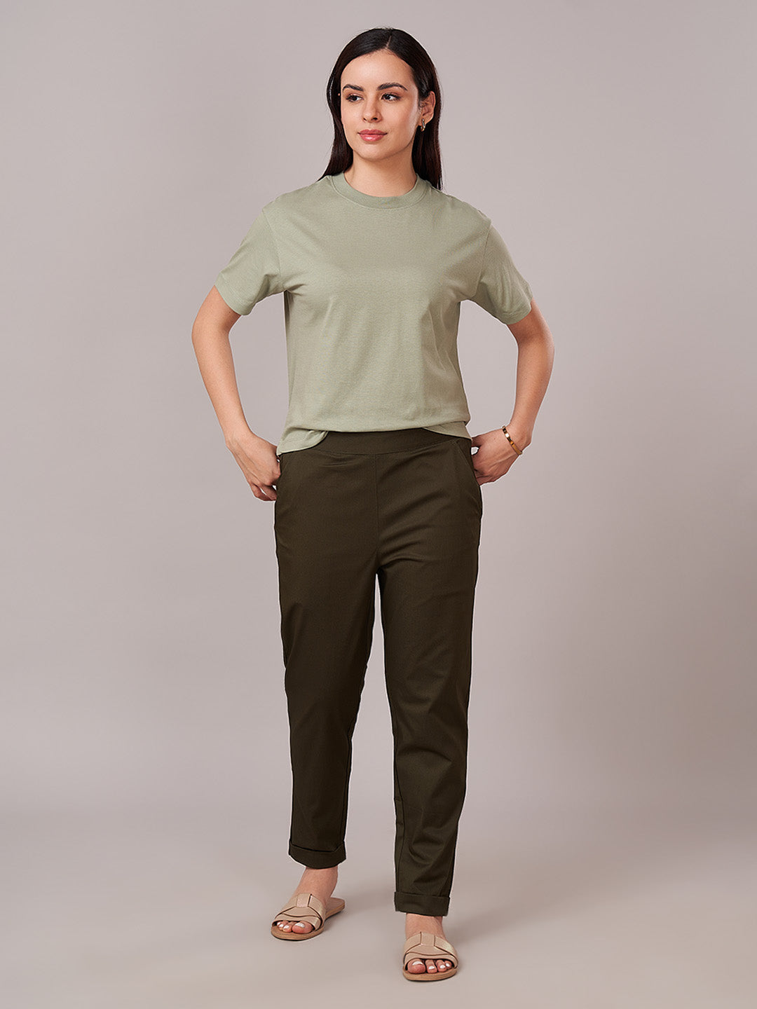 Women's Cotton Lycra Regular Fit Pants Olive