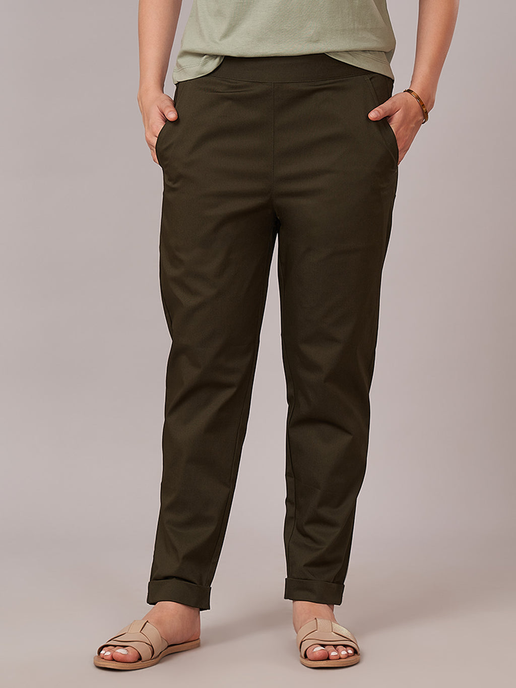 Women's Cotton Lycra Regular Fit Pants Olive