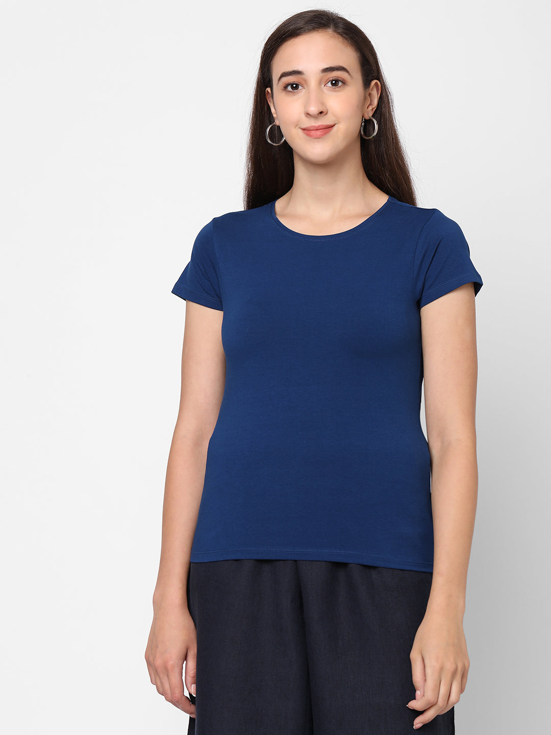 Womens Dark Blue Cotton Stretch  Regular Fit Tshirt