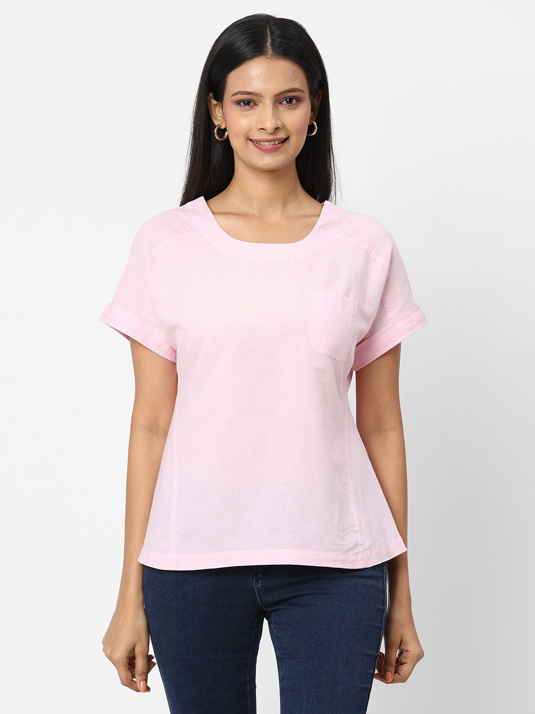 Women's Cotton Linen Pink Regular Fit Blouse