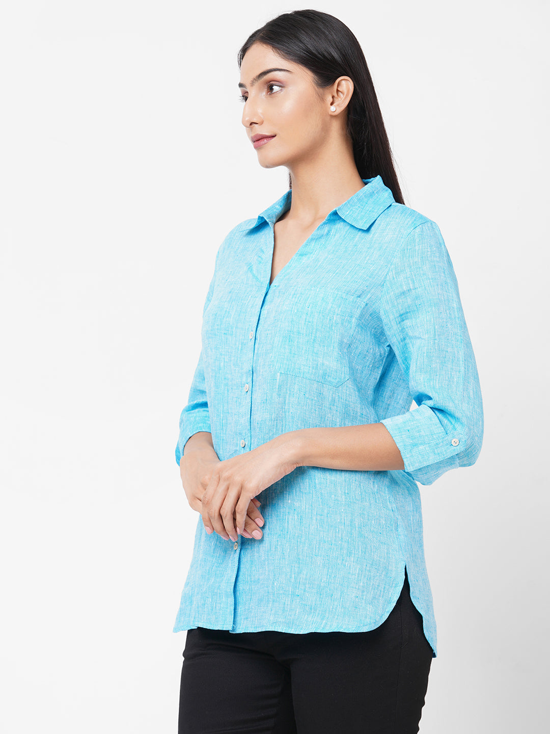 Womens Linen Aqua Regular Fit Blouse