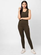 Women's Olive Cotton Elastane Slim Fit Knit Tights