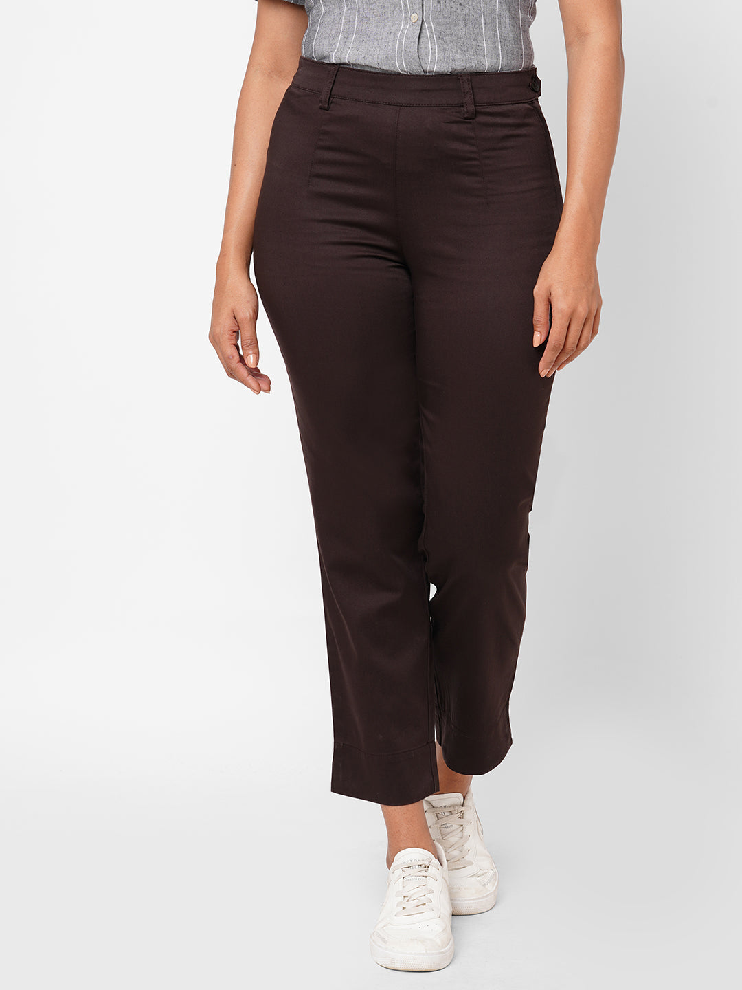 Women's Brown Cotton Lycra Regular Fit Pant