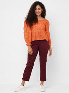 Women's Maroon/Red Cotton Lycra Regular Fit Pant