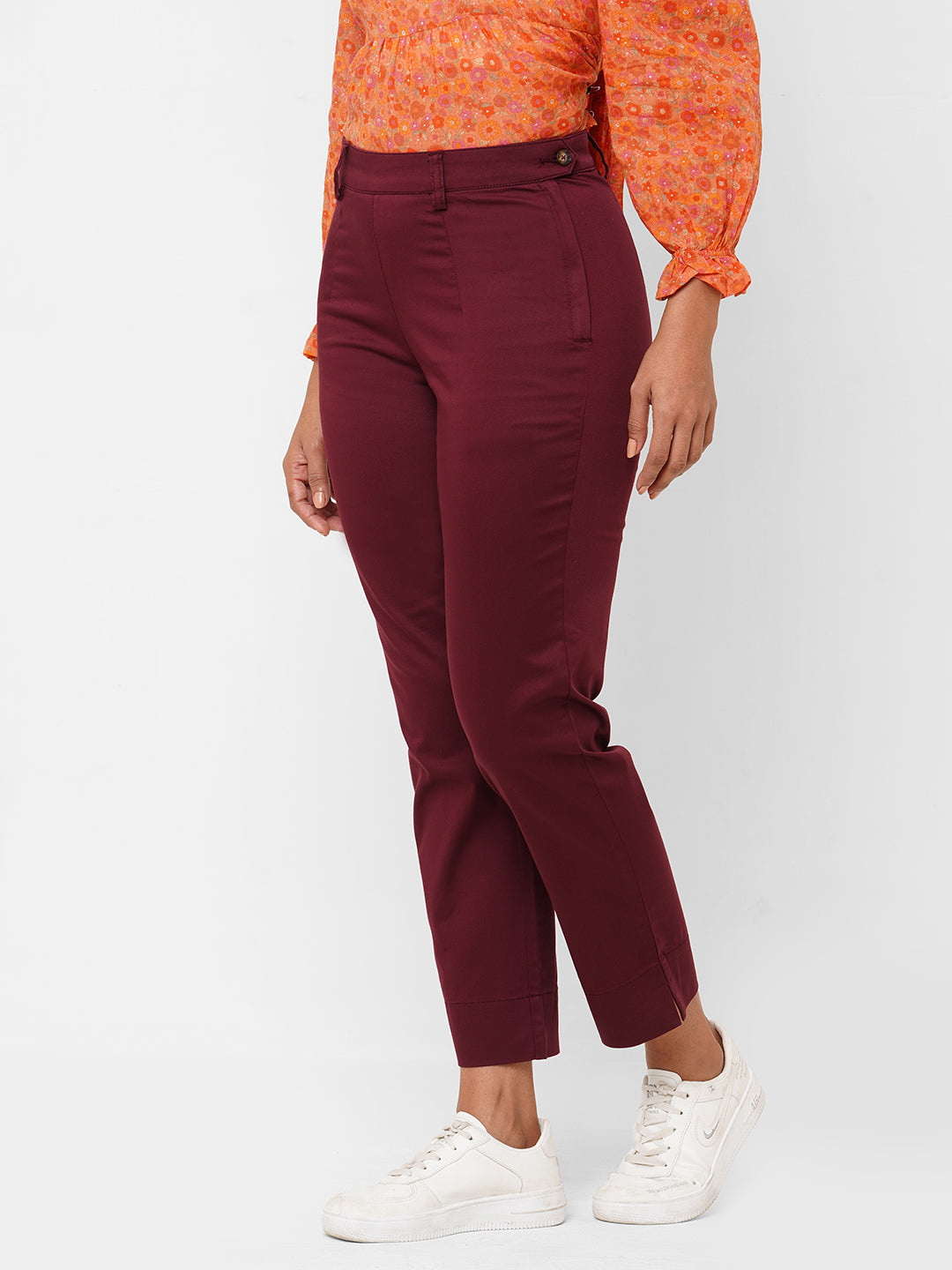 Women's Maroon/Red Cotton Lycra Regular Fit Pant