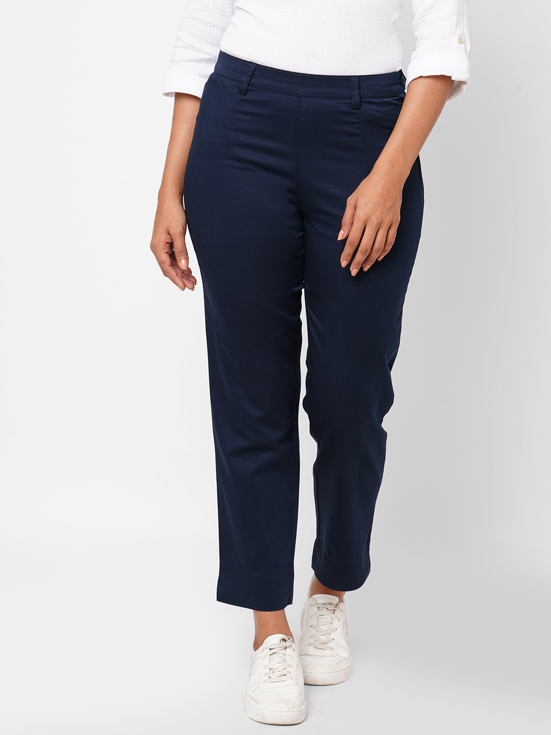 Women's Cotton Lycra Navy Regular Fit Pant