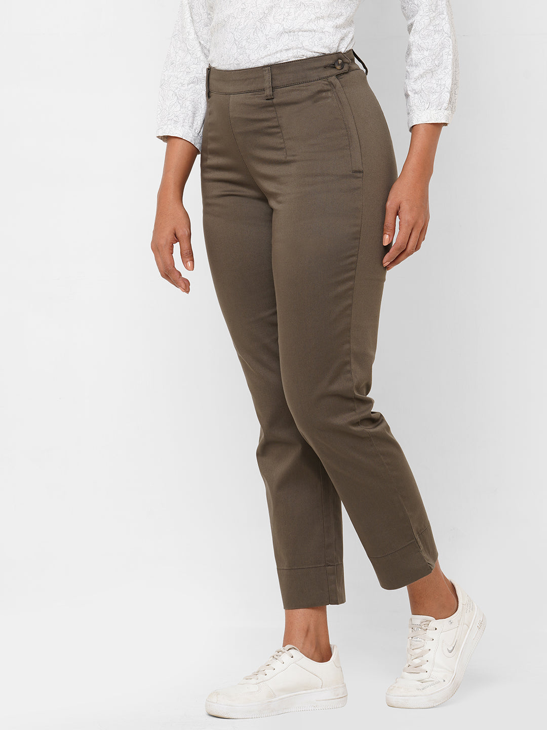 Women's Cotton Lycra Olive Regular Fit Pant