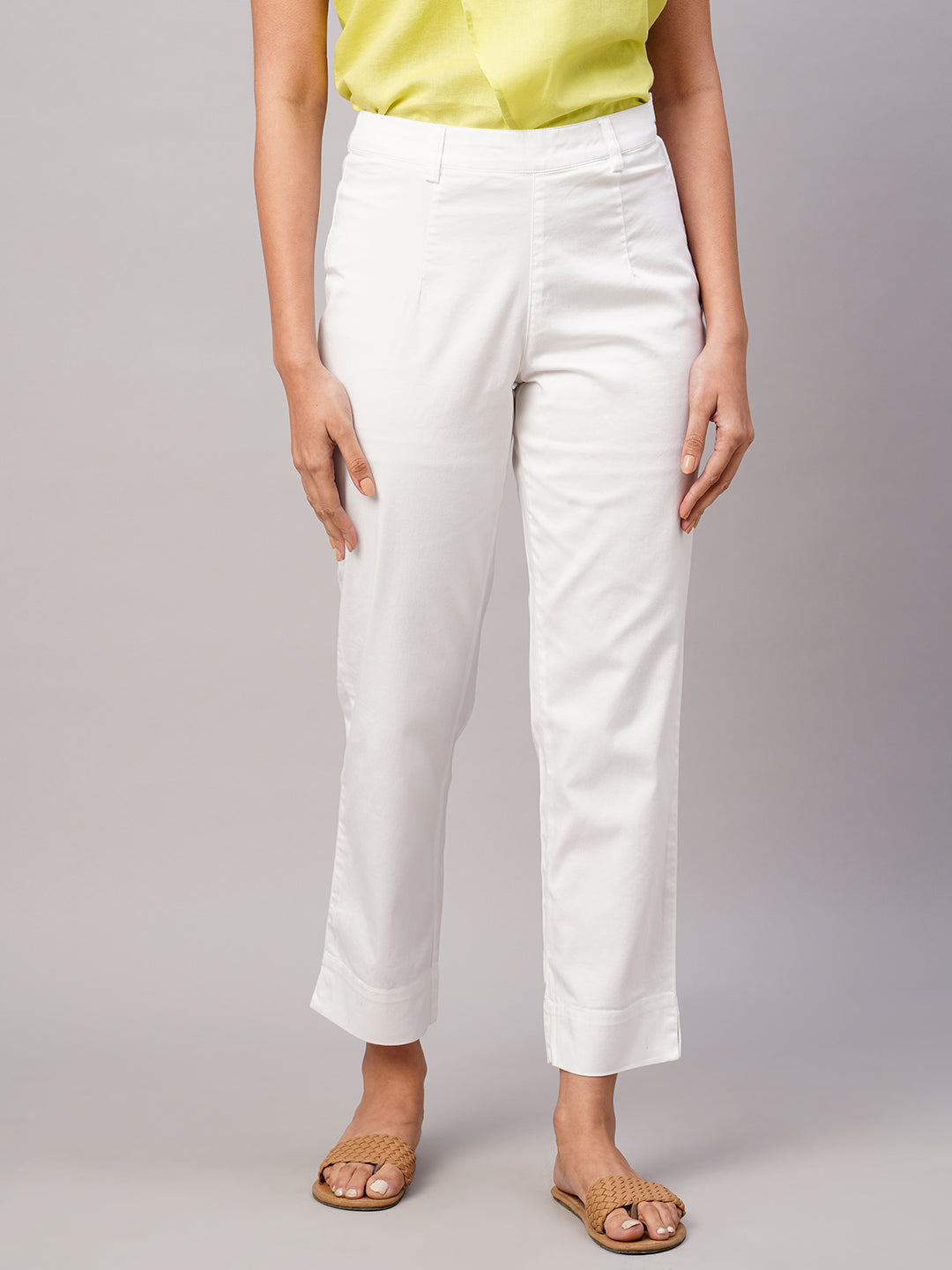 Women's White Cotton Lycra Regular Fit Pant