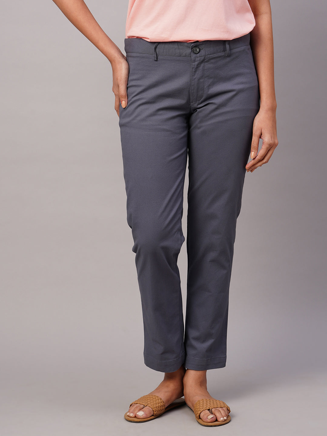 Women's Cotton Lycra Blue Regular Fit Pant