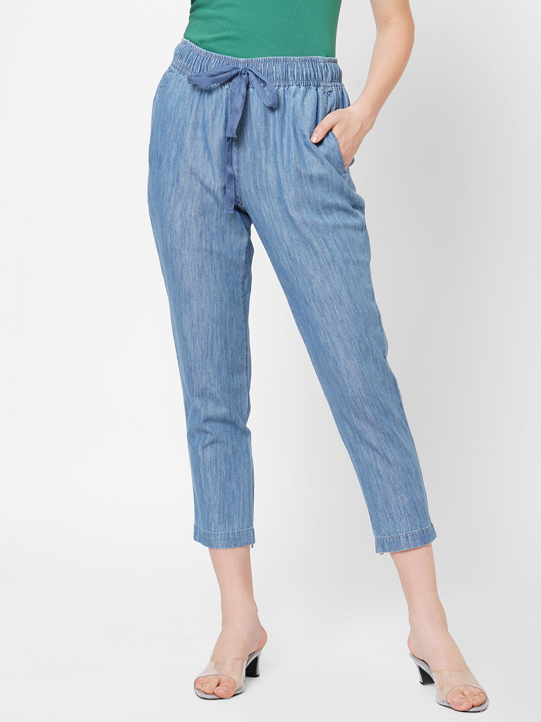 Women's Cotton Viscose Denim Blue Regular Fit Pant